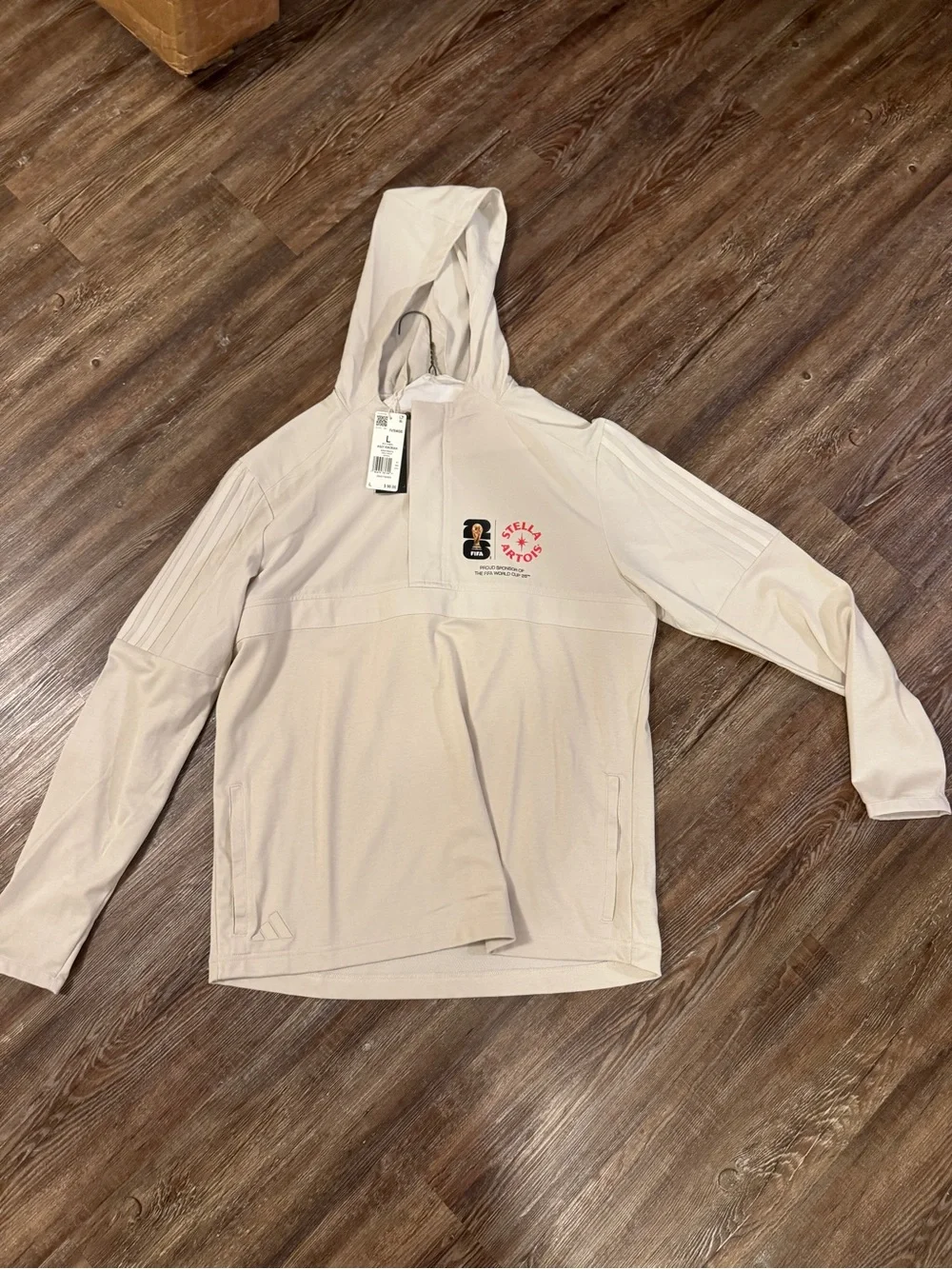 adidas NWT fifa World Cup Stella Artois brandedBeige Hooded Windbreaker Pullover